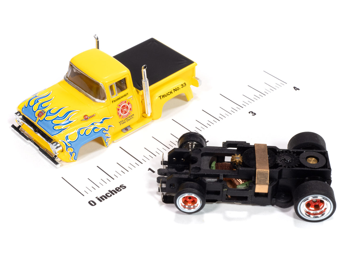 Auto World 4Gear SC414-3B 1956 Ford F100 Volunteer Fire Dept (Yellow w/ Blue Flames) HO Scale Slot Car