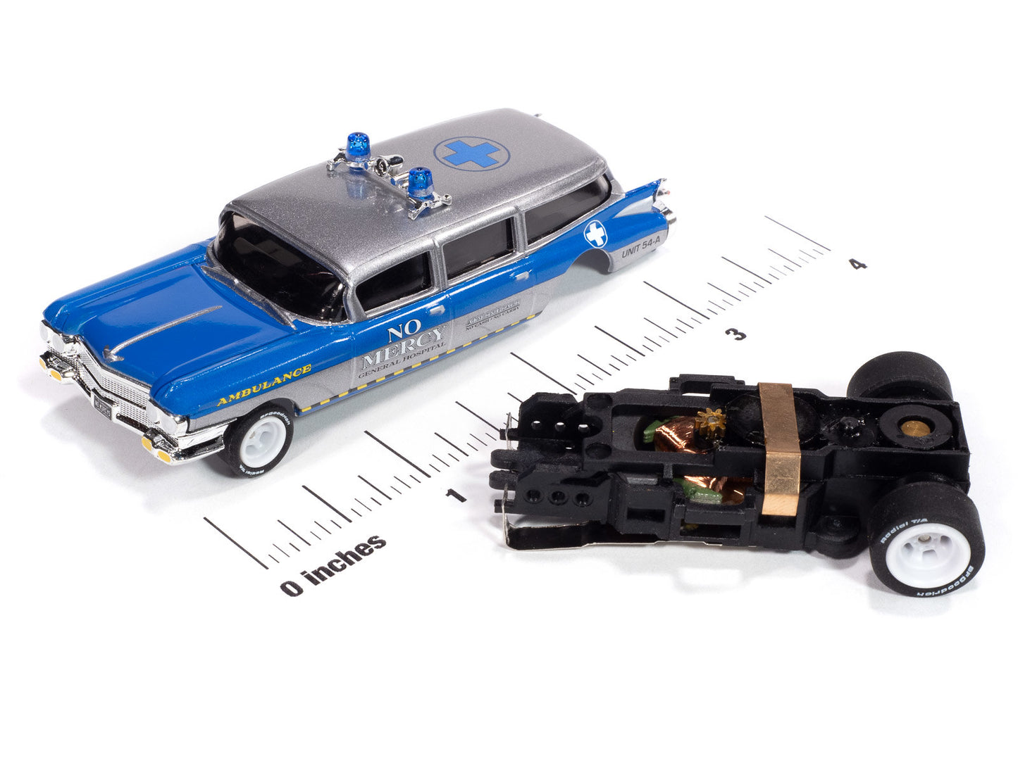 Auto World 4Gear SC414-4B 1959 Cadillac Ambulance (Silver & Blue) HO Scale Slot Car