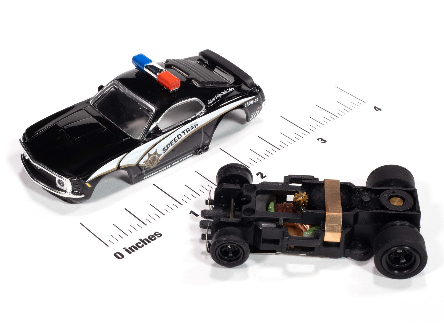 Auto World 4Gear SC414-2B 1970 Ford Mustang Highway Patrol Car (Black w/ White Stripes) HO Scale Slot Car