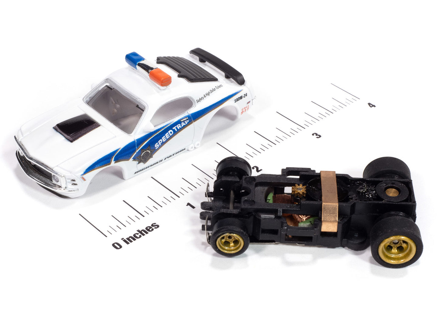 Auto World 4Gear SC414-2A 1970 Ford Mustang Highway Patrol Car (White w/ Blue Stripes) HO Scale Slot Car