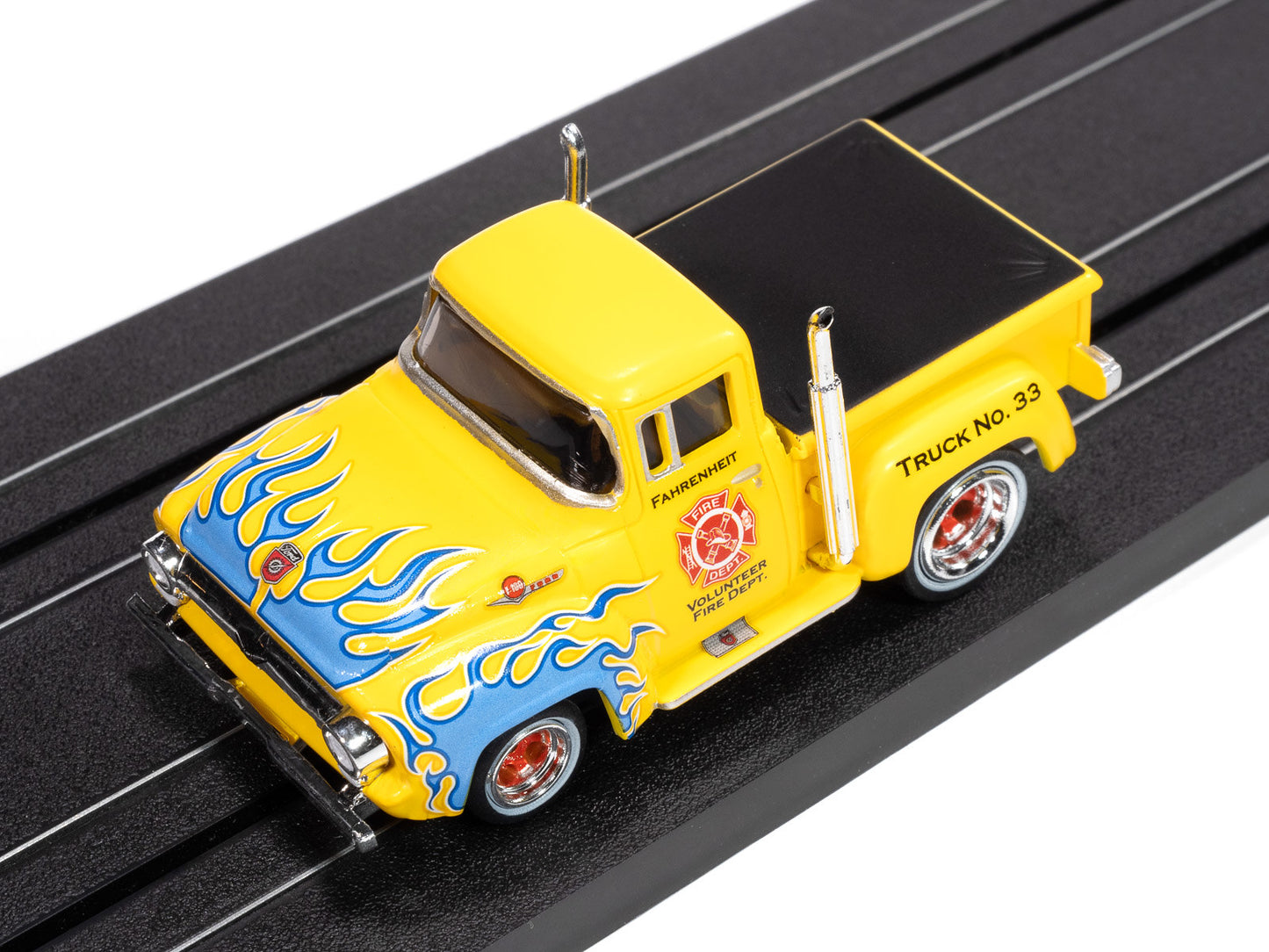 Auto World 4Gear SC414-3B 1956 Ford F100 Volunteer Fire Dept (Yellow w/ Blue Flames) HO Scale Slot Car
