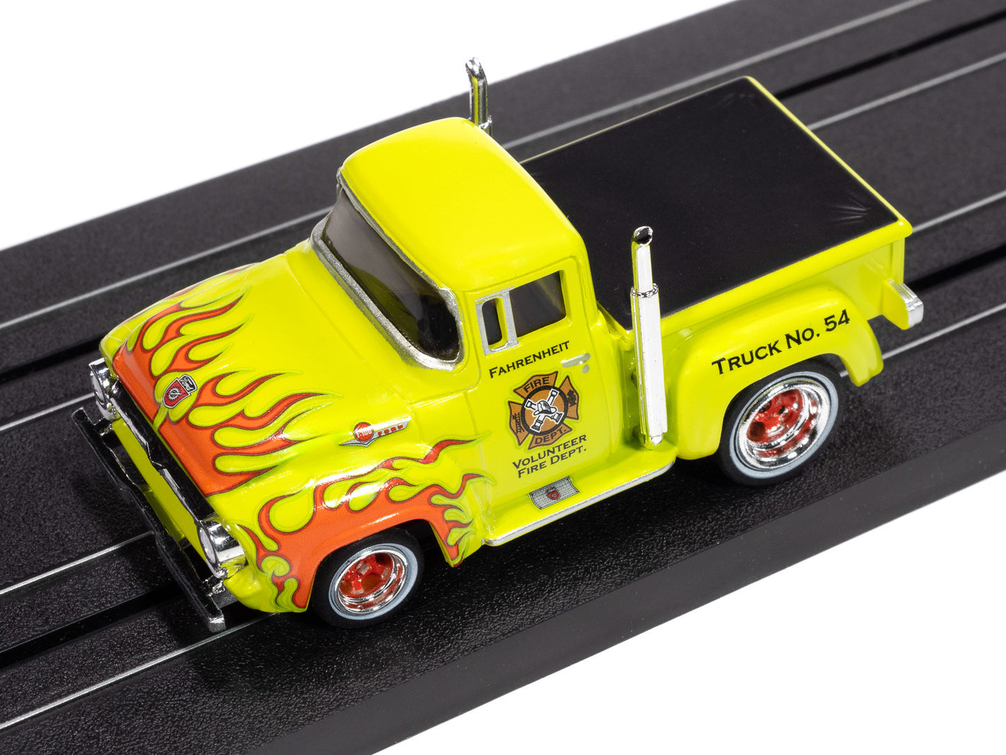 Auto World 4Gear SC414-3A 1956 Ford F100 Volunteer Fire Dept (Green w/ Orange Flames) HO Scale Slot Car