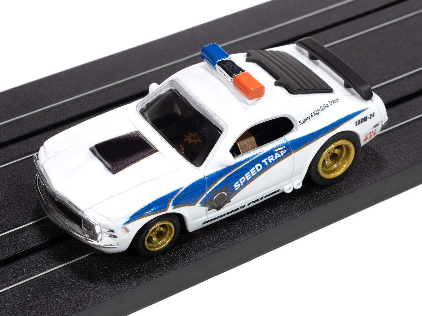 Auto World 4Gear SC414-2A 1970 Ford Mustang Highway Patrol Car (White w/ Blue Stripes) HO Scale Slot Car