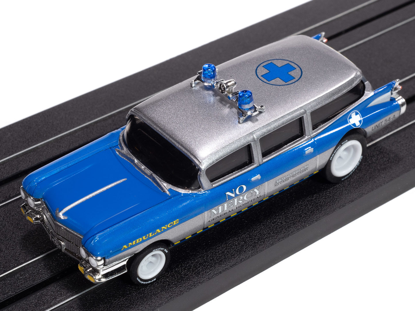 Auto World 4Gear SC414-4B 1959 Cadillac Ambulance (Silver & Blue) HO Scale Slot Car