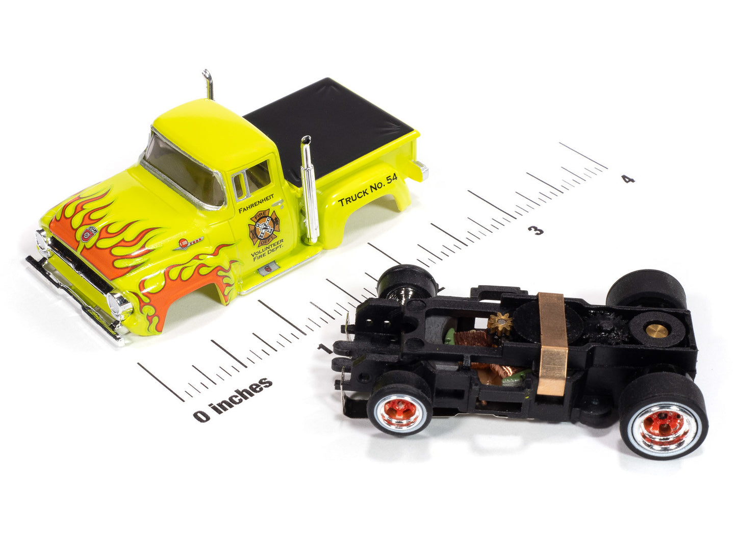 Auto World 4Gear SC414-3A 1956 Ford F100 Volunteer Fire Dept (Green w/ Orange Flames) HO Scale Slot Car