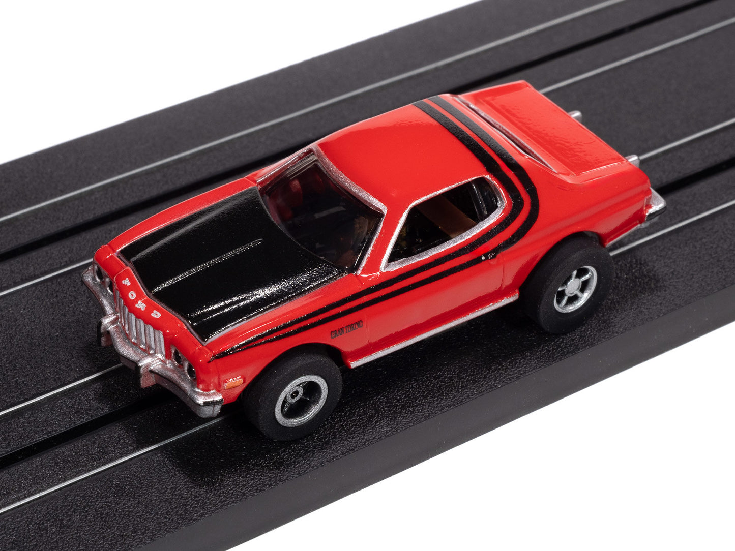 Auto World Xtraction SC417-4A 1976 Ford Torino Gloss (Red & Black Stripes) HO Scale Slot Car