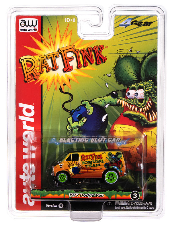 Auto World 4Gear SC418-3A 1977 Dodge Van Rat Fink Flat (Black & Yellow) HO Scale Slot Car