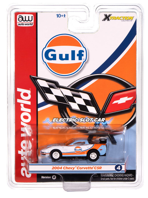 Auto World Xtraction SC418-4A 2004 Chevy Corvette C5R (Gulf White & Blue Gulf livery) HO Scale Slot Car