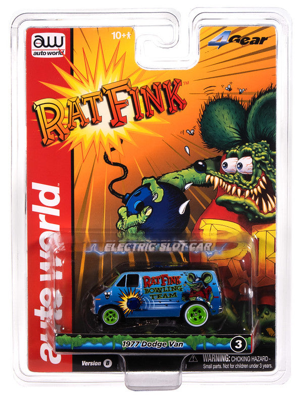 Auto World 4Gear SC418-3B 1977 Dodge Van Rat Fink Flat (Flat Black & Blue) HO Scale Slot Car