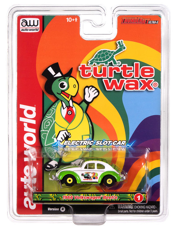 Auto World Thunderjet SC418-1A 1966 Volkswagen Beetle Turtle Wax (White & Green) HO Scale Slot Car