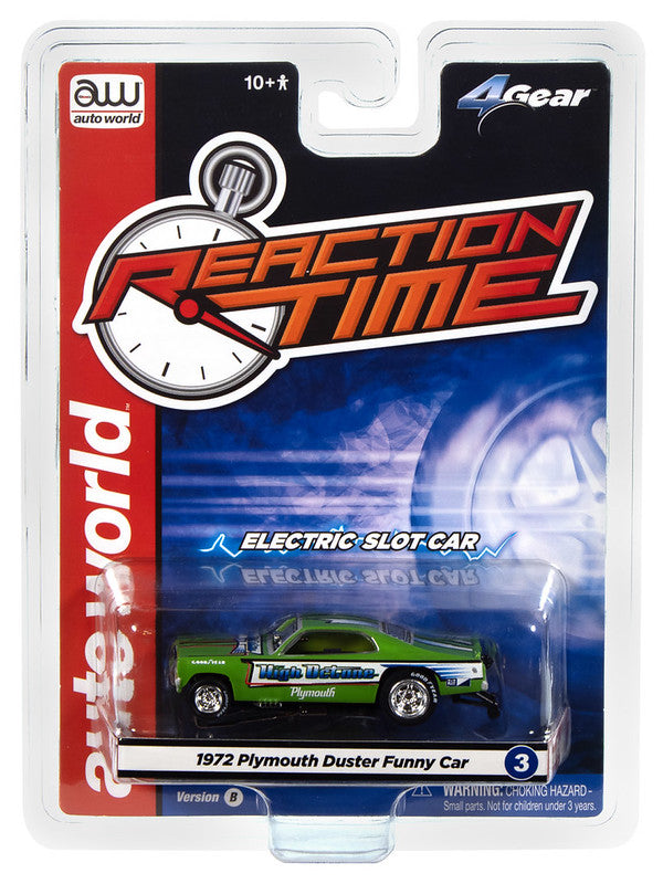 Auto World 4Gear SC421-3B 1972 Plymouth Duster High Octane FC (Green, Blue, White, Black & Red) HO Scale Slot Car
