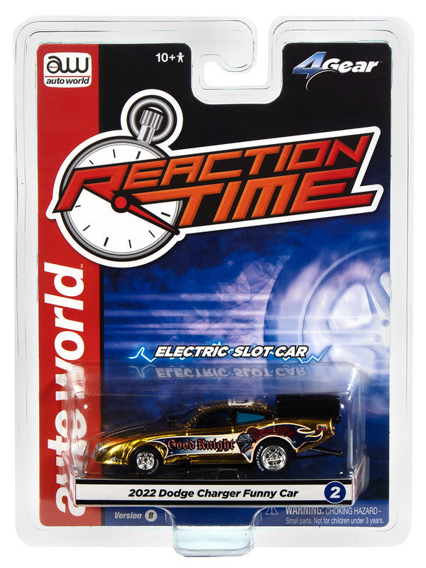 Auto World 4Gear SC421-2B 2022 Dodge Charger Good Knight FC (Gold Chrome, Black, Blue & Red) HO Scale Slot Car