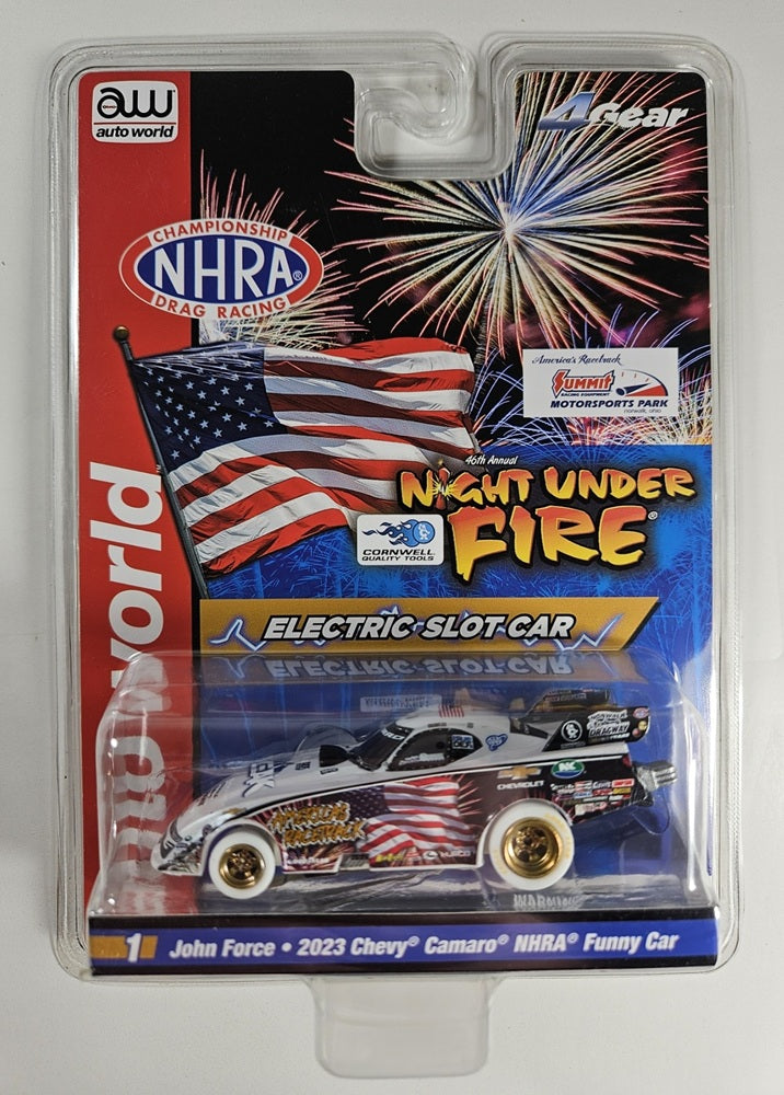 Auto World 4Gear SC405-1 John Force Night Under Fire 2023 Chevy Camaro NHRA Funny Car (iWheels) HO Scale Slot Car