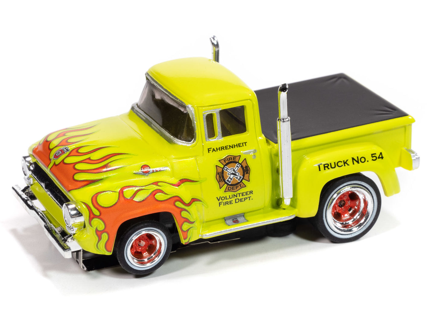 Auto World 4Gear SC414-3A 1956 Ford F100 Volunteer Fire Dept (Green w/ Orange Flames) HO Scale Slot Car