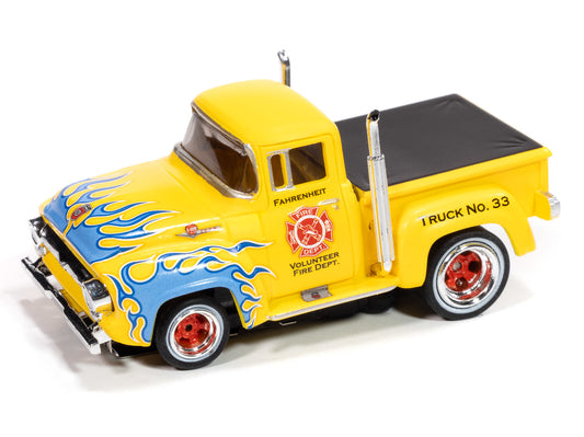 Auto World 4Gear SC414-3B 1956 Ford F100 Volunteer Fire Dept (Yellow w/ Blue Flames) HO Scale Slot Car