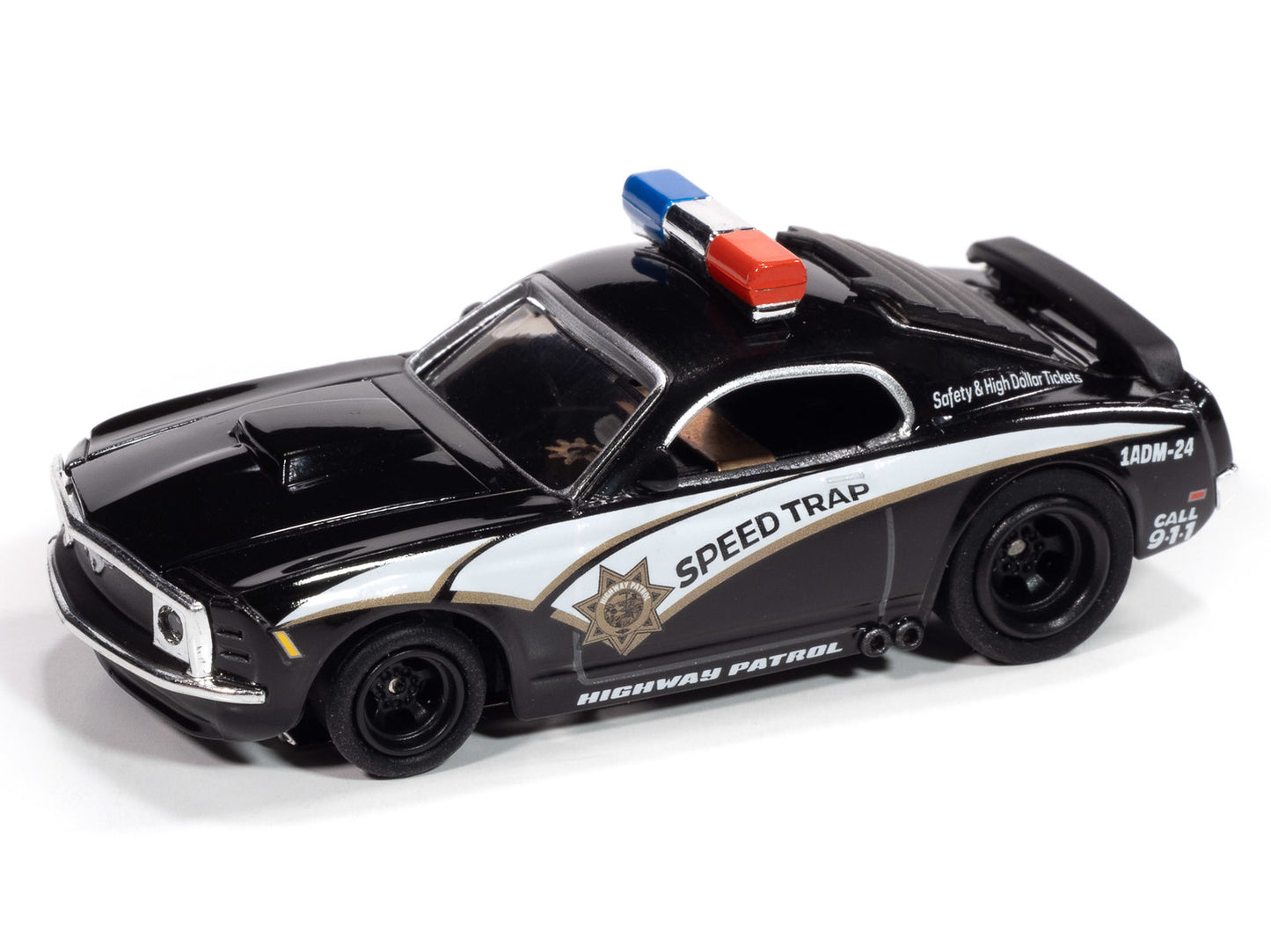 Auto World 4Gear SC414-2B 1970 Ford Mustang Highway Patrol Car (Black w/ White Stripes) HO Scale Slot Car