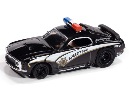 Auto World 4Gear SC414-2B 1970 Ford Mustang Highway Patrol Car (Black w/ White Stripes) HO Scale Slot Car