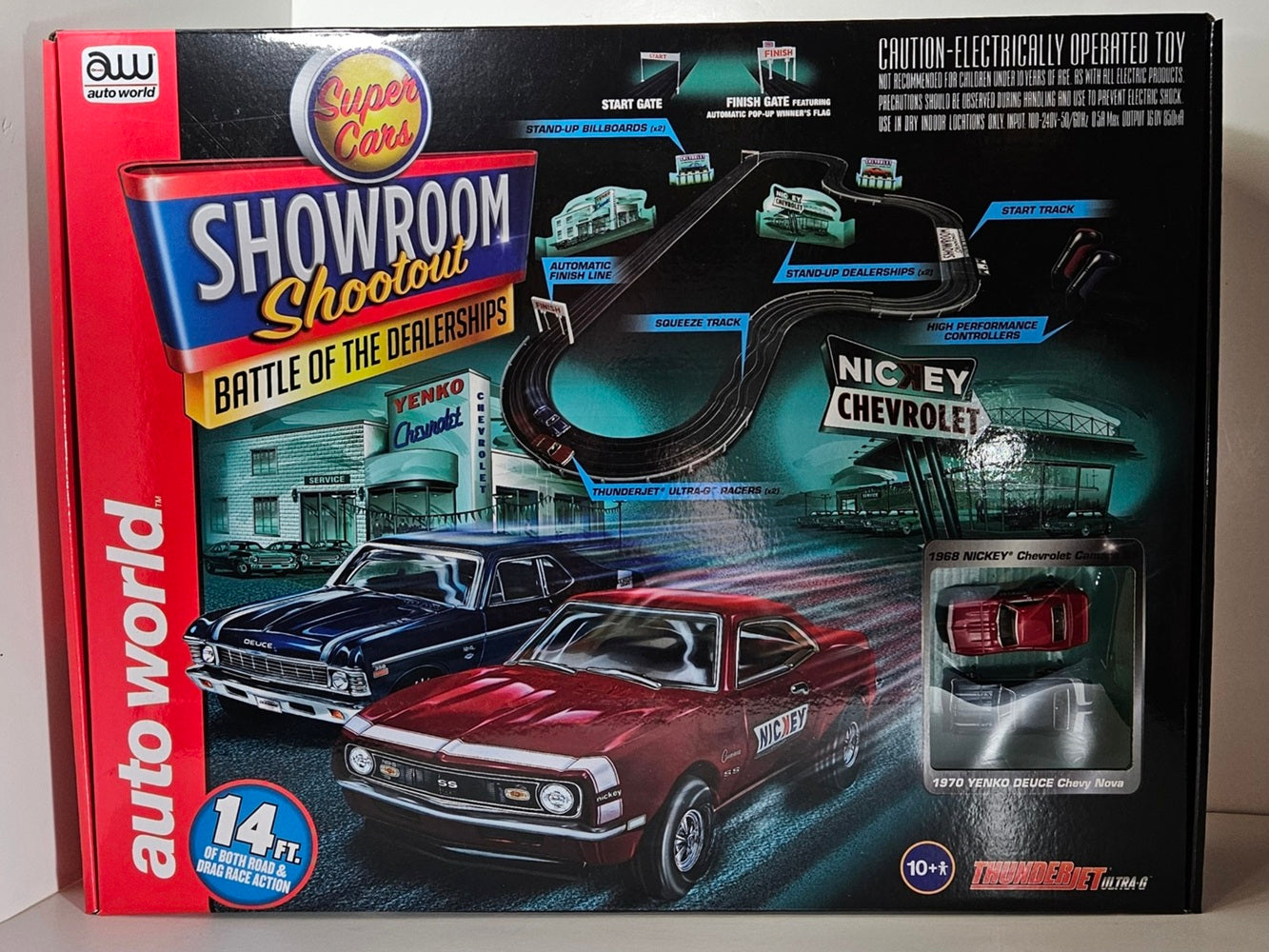 Auto World Race Set Thunderjet SRS337R 14' Battle of the Dealerships HO Scale Slot Car Race Set