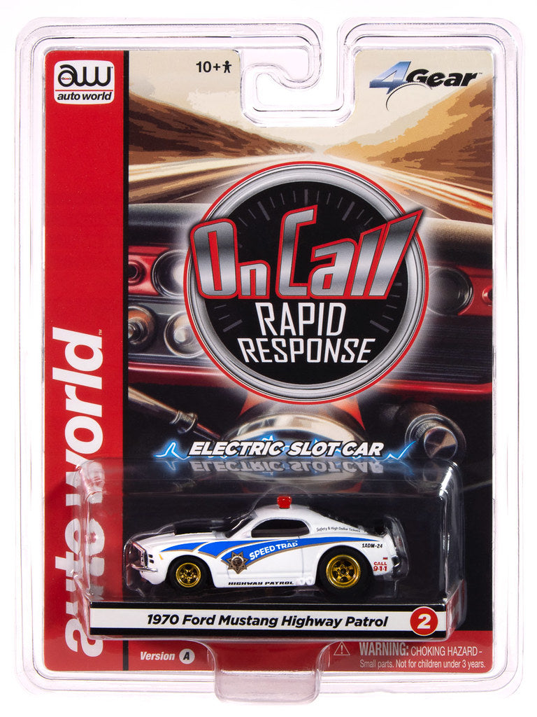 Auto World 4Gear SC414-2A 1970 Ford Mustang Highway Patrol Car (White w/ Blue Stripes) HO Scale Slot Car