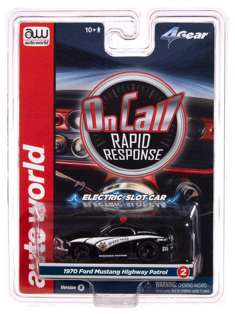 Auto World 4Gear SC414-2B 1970 Ford Mustang Highway Patrol Car (Black w/ White Stripes) HO Scale Slot Car