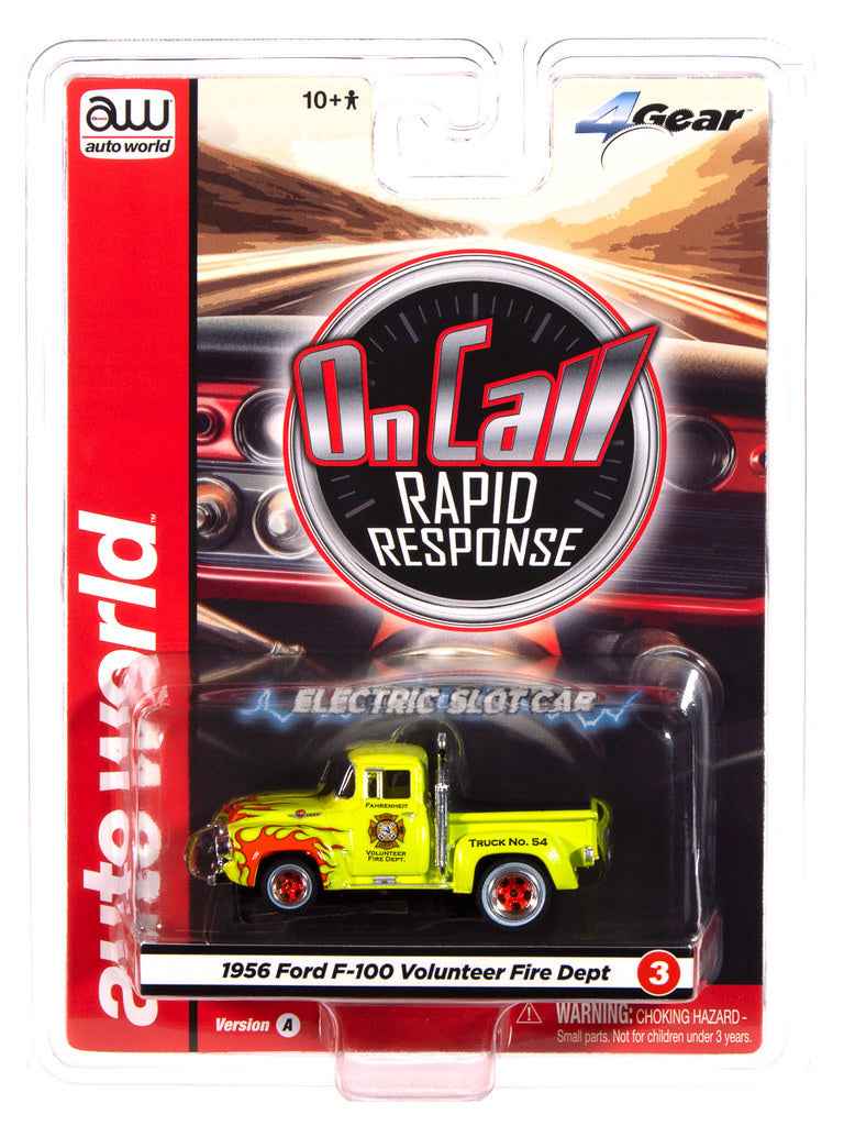 Auto World 4Gear SC414-3A 1956 Ford F100 Volunteer Fire Dept (Green w/ Orange Flames) HO Scale Slot Car