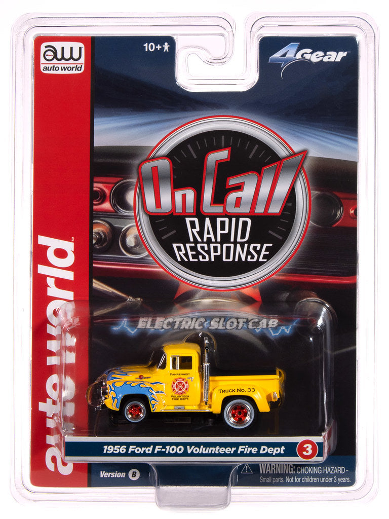 Auto World 4Gear SC414-3B 1956 Ford F100 Volunteer Fire Dept (Yellow w/ Blue Flames) HO Scale Slot Car