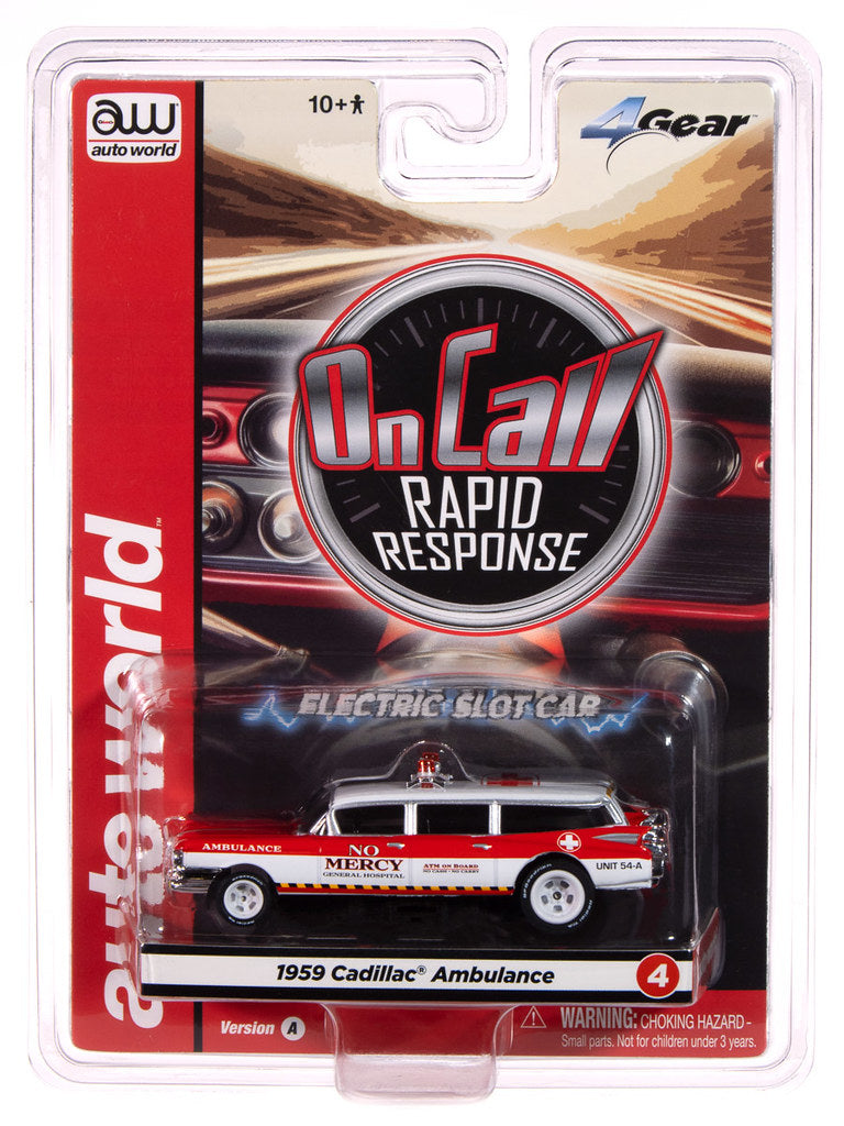 Auto World 4Gear SC414-4A 1959 Cadillac Ambulance (Red & White) HO Scale Slot Car