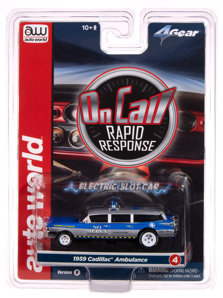 Auto World 4Gear SC414-4B 1959 Cadillac Ambulance (Silver & Blue) HO Scale Slot Car