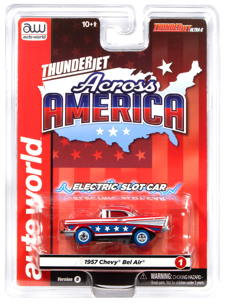Auto World Thunderjet SC430-1B 1957 Chevy Bel Air (Red, Blue & White) HO Scale Slot Car