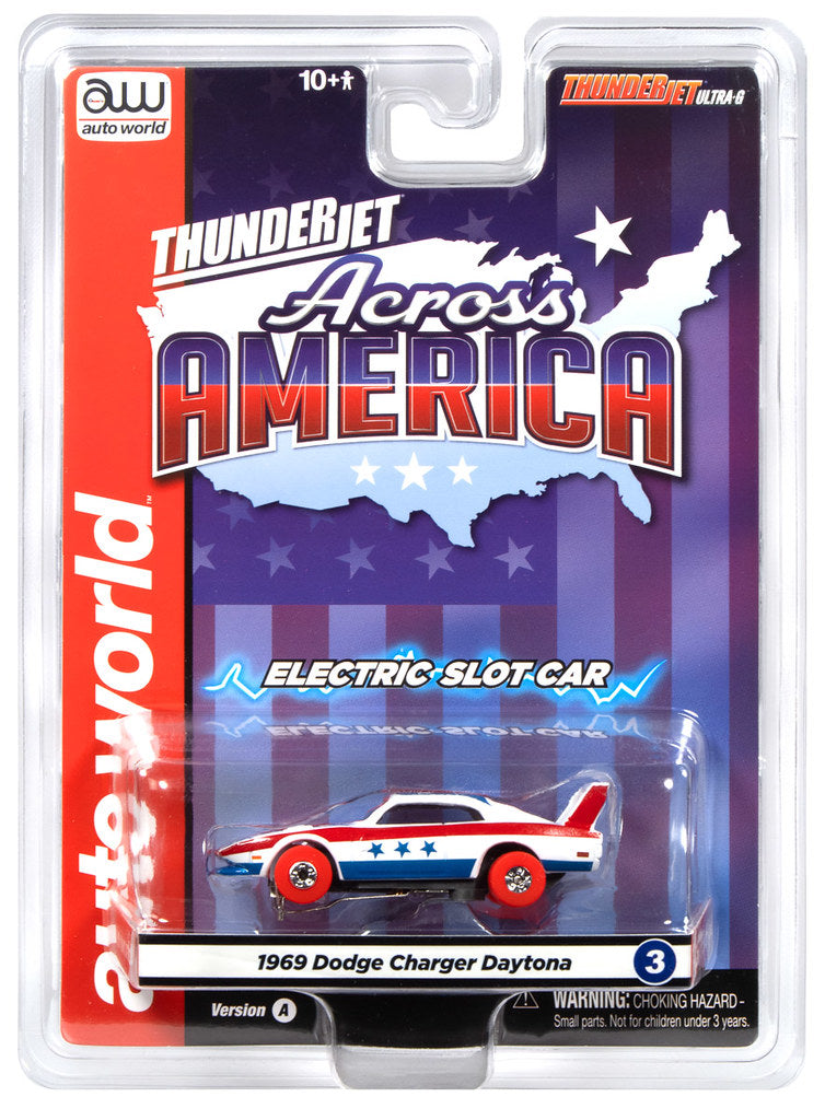 Auto World Thunderjet SC430-3A 1969 Dodge Charger Daytona (White, Red & Blue) HO Scale Slot Car