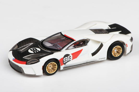 AFX Mega G+ 22044 2021 Ford GT Heritage #98 - White with Black and Red Trim with Gold Wheels - Collector Series Clear - HO Scale Slot Car