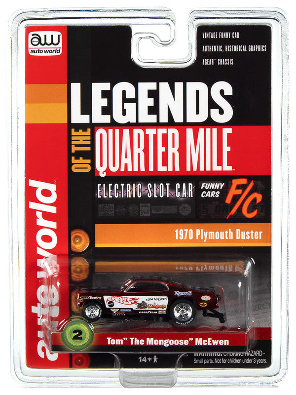 Auto World 4Gear SC369-2 R26 TOM "THE MONGOOSE" MCEWEN - 1970 PLYMOUTH DUSTER HO Scale Slot Car