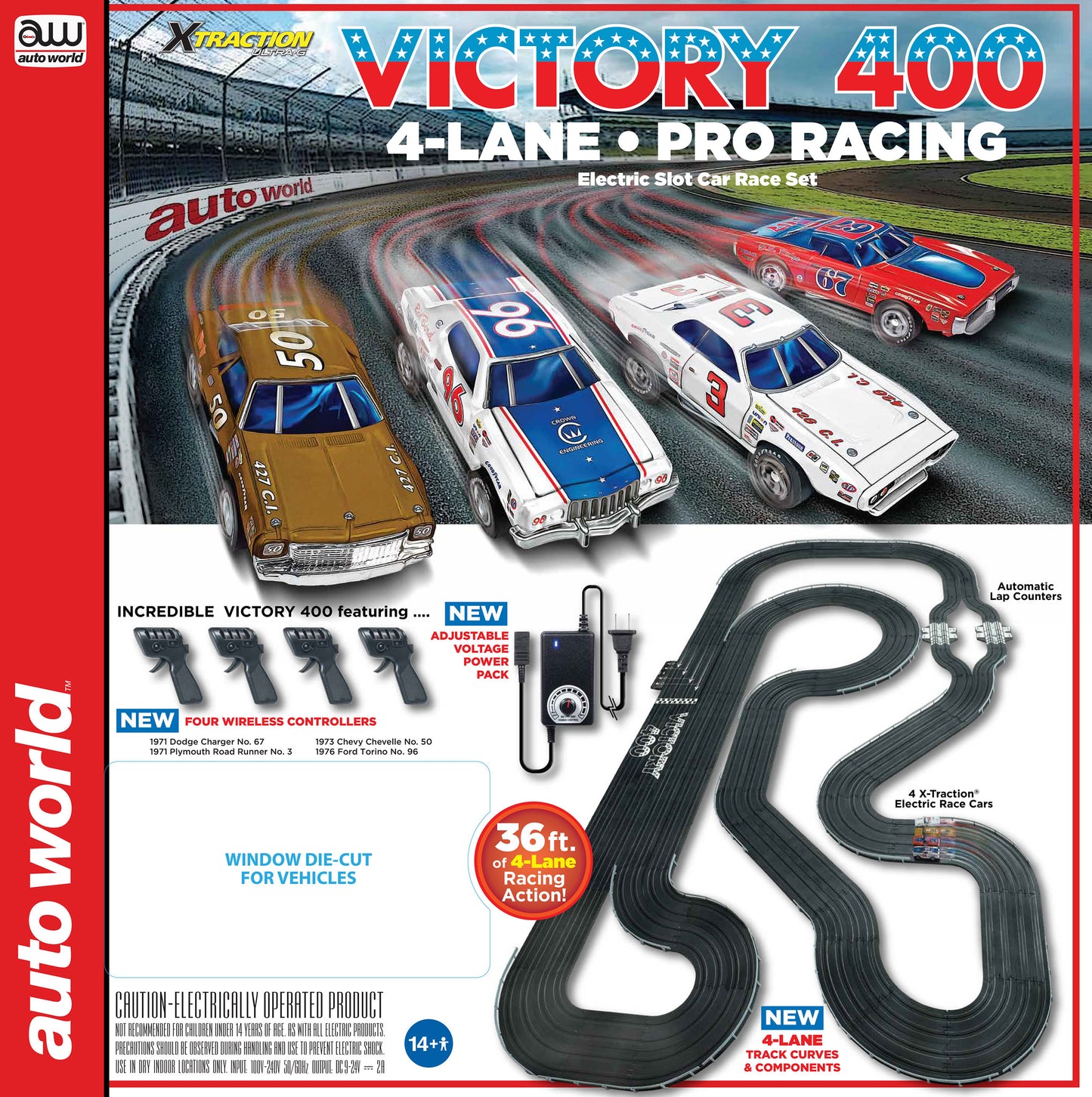 Auto World Race Set Xtraction SRS345 36' VICTORY 400 4 LANE SLOT RACE SET HO SCALE