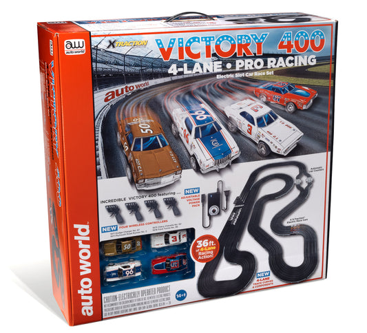 Auto World Race Set Xtraction SRS345 36' VICTORY 400 4 LANE SLOT RACE SET HO SCALE