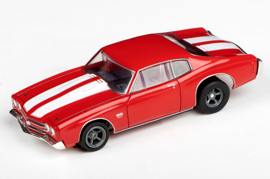 AFX Mega G+ 22043 1970 Chevelle 454 – Red with White Stripes and 5 Spoke Gray Wheels - HO Scale Slot Car