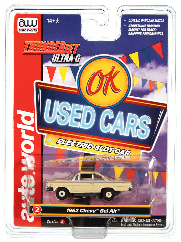 Auto World Thunderjet SC390-2B 2023 R1 OK USED CARS 1962 CHEVROLET BEL AIR COUPE (TAN) HO Scale Slot Car