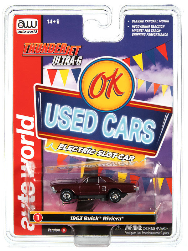 Auto World Thunderjet SC390-1B 2023 R1 OK USED CARS 1963 BUICK RIVIERA (BURGUNDY) HO Scale Slot Car