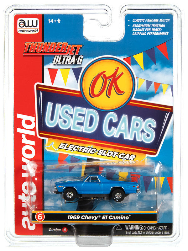 Auto World Thunderjet SC390-6A 2023 R1 OK USED CARS 1969 CHEVROLET EL CAMINO (BLUE) HO Scale Slot Car