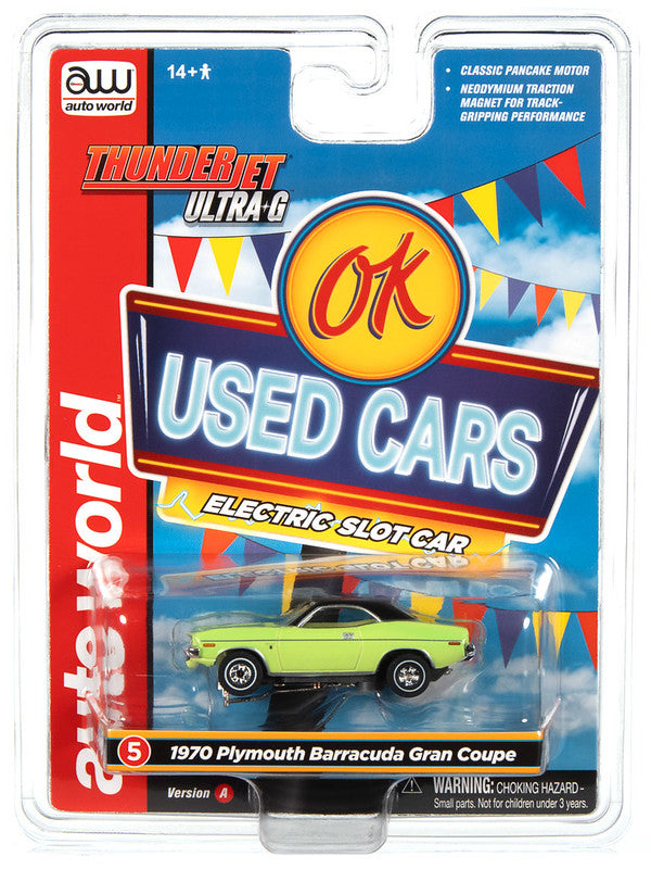 Auto World Thunderjet SC390-5A 2023 R1 OK USED CARS 1970 PLYMOUTH BARRACUDA GRAN COUPE (GREEN) HO Scale Slot Car