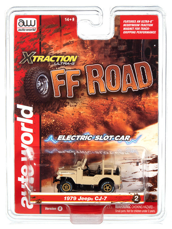 Auto World Xtraction SC388-2A 2023 R1 OFF ROAD 1979 JEEP CJ-7 (TAN) HO Scale Slot Car