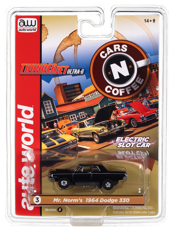 Auto World Thunderjet SC379 -3B 2022 R2 CARS N COFFEE 1964 DODGE 330 (BLACK) HO SCALE SLOT CAR