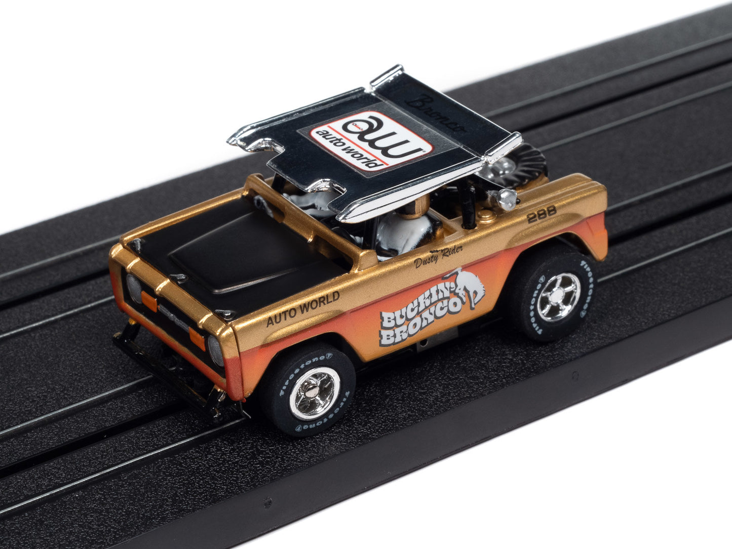 Auto World Xtraction SC407-1A 1972 Ford Baja Bronco Gold w/ Orange Race Graphics HO Scale Slot Car