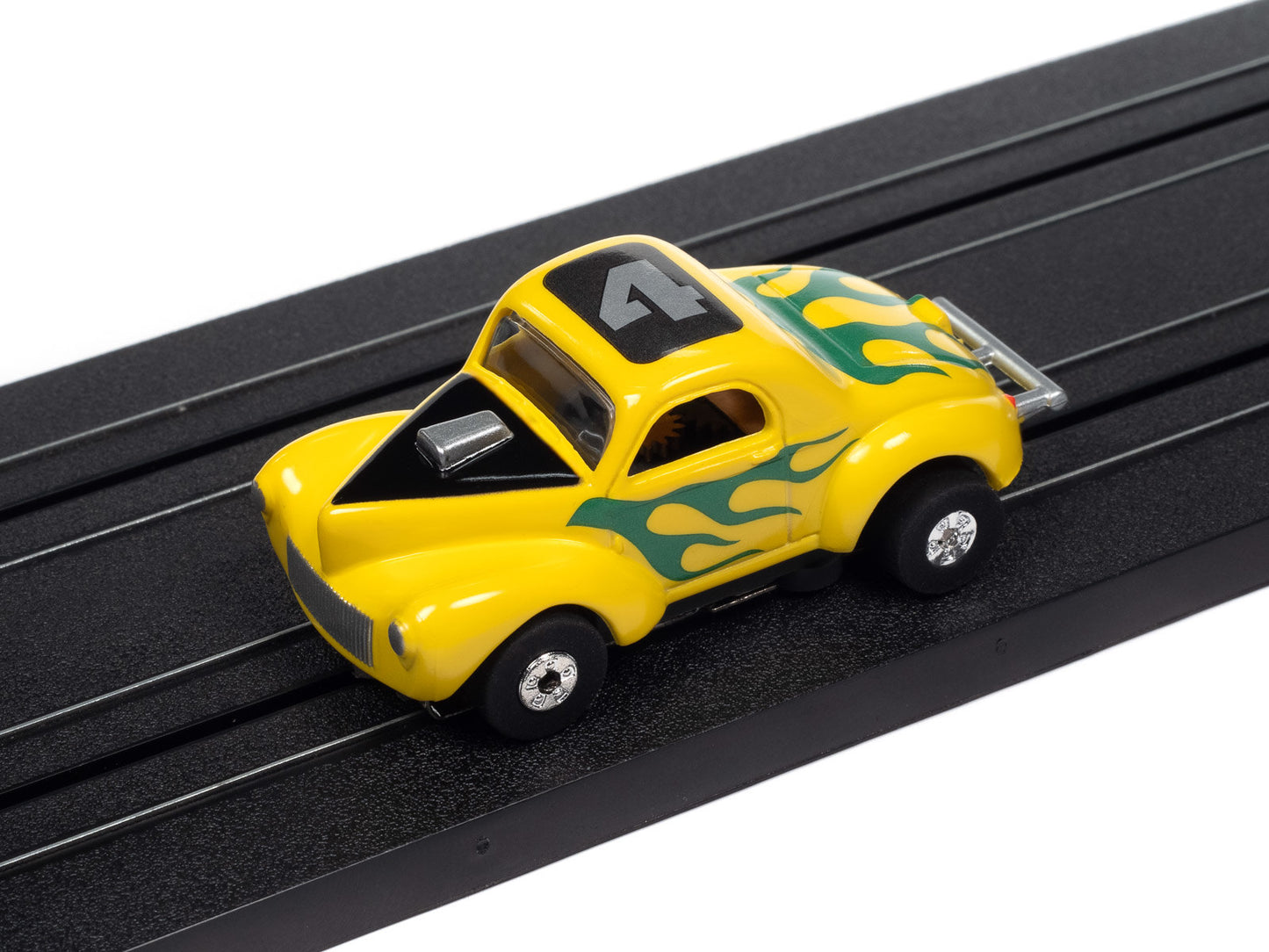 Auto World Thunderjet SC408-1A 1941 Willys Coupe Gasser Yellow w/ Green Flames HO Scale Slot Car