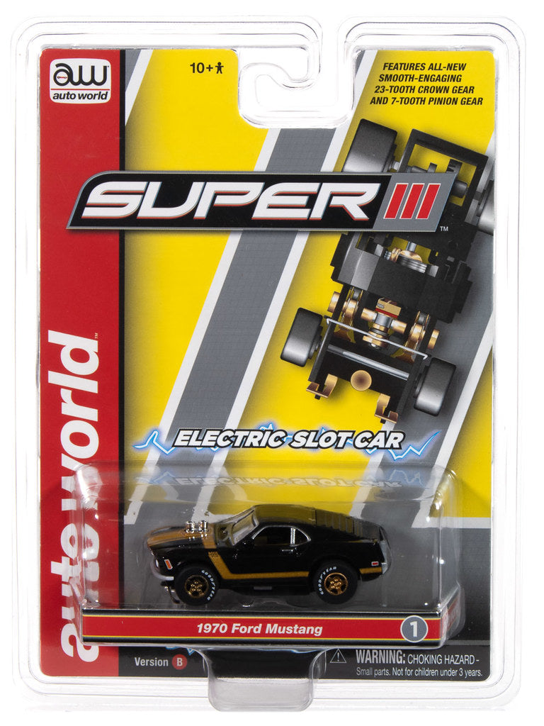 Auto World Super III SC413-1B 1970 Ford Mustang (Black) HO Scale Slot Car