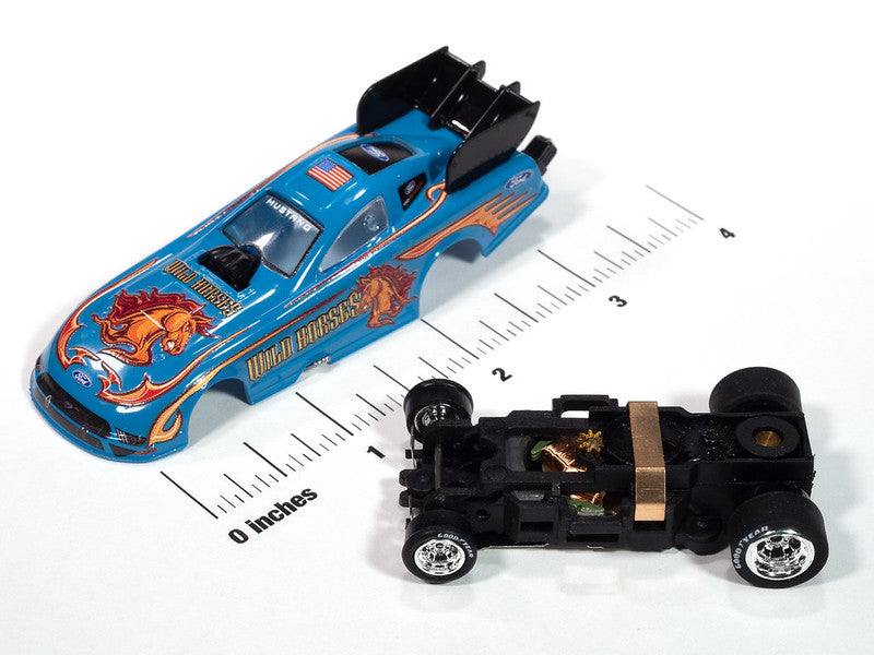 Auto World 4Gear SC421-1A 2022 Ford Mustang GT Wild Horses FC (Blue, Red, & Orange) HO Scale Slot Car