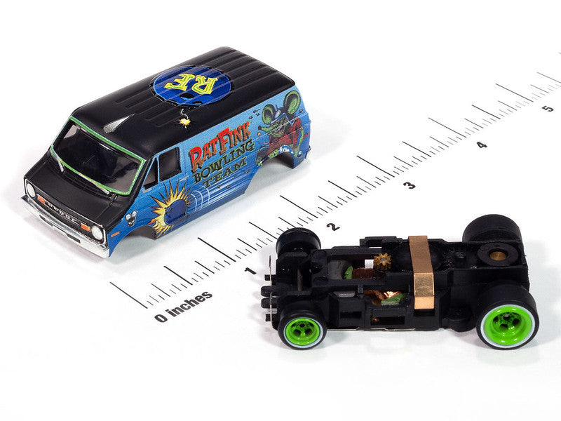 Auto World 4Gear SC418-3B 1977 Dodge Van Rat Fink Flat (Flat Black & Blue) HO Scale Slot Car