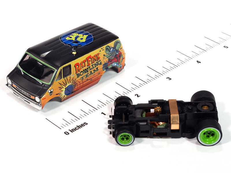 Auto World 4Gear SC418-3A 1977 Dodge Van Rat Fink Flat (Black & Yellow) HO Scale Slot Car