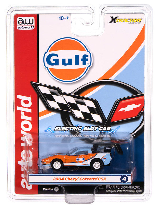 Auto World Xtraction SC418-4B 2004 Chevy Corvette C5R (Gulf Orange & Blue Gulf livery) HO Scale Slot Car