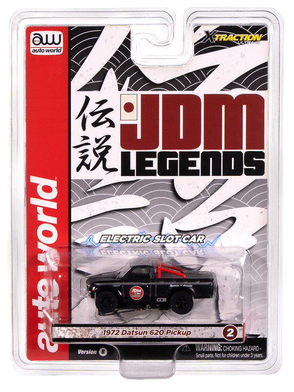 Auto World Xtraction SC418-2B 1972 Datsun 620 Pickup Truck JDM Legends (Black) HO Scale Slot Car