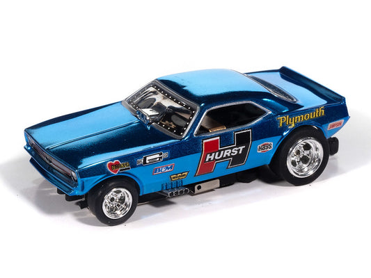 Auto World 4Gear SC422-2B 1970 Plymouth Barracuda Drag Hurst Shifters (Blue) HO Scale Slot Car